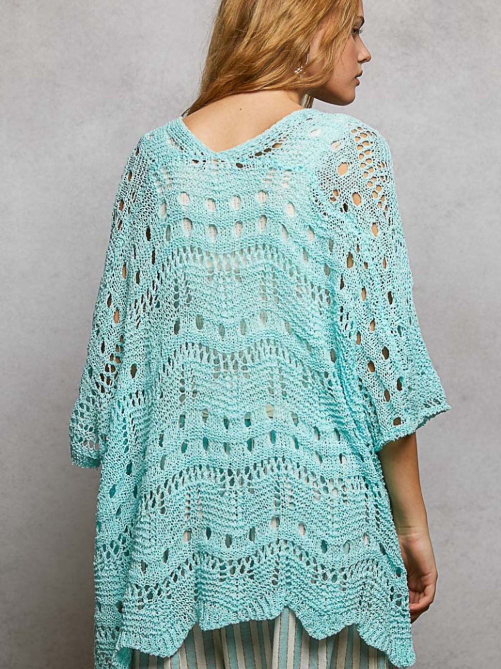 POL Teal Blue Crochet Pockets Open Front Loose Fit cardigan - Picture 3 of 6